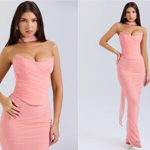 HOUSE OF CB 'Hallie' Peach Strapless Corset Maxi Skirt Set With Neck Scarf NWOT